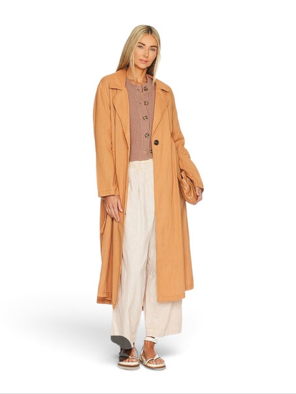 Free People Rae Longline Duster Tan Brown Trench Coat Size L